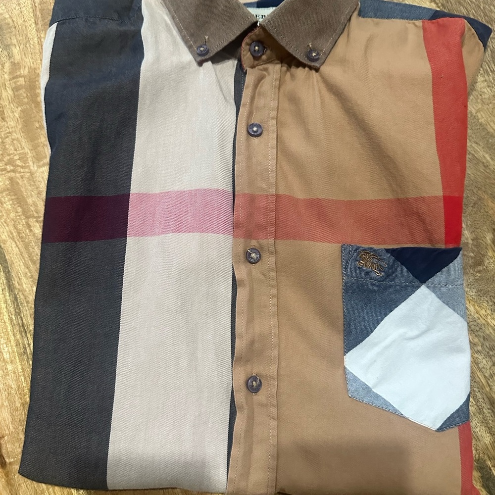 Burberry Tan and Red Checkered Button Down Shirt Short Sleeve